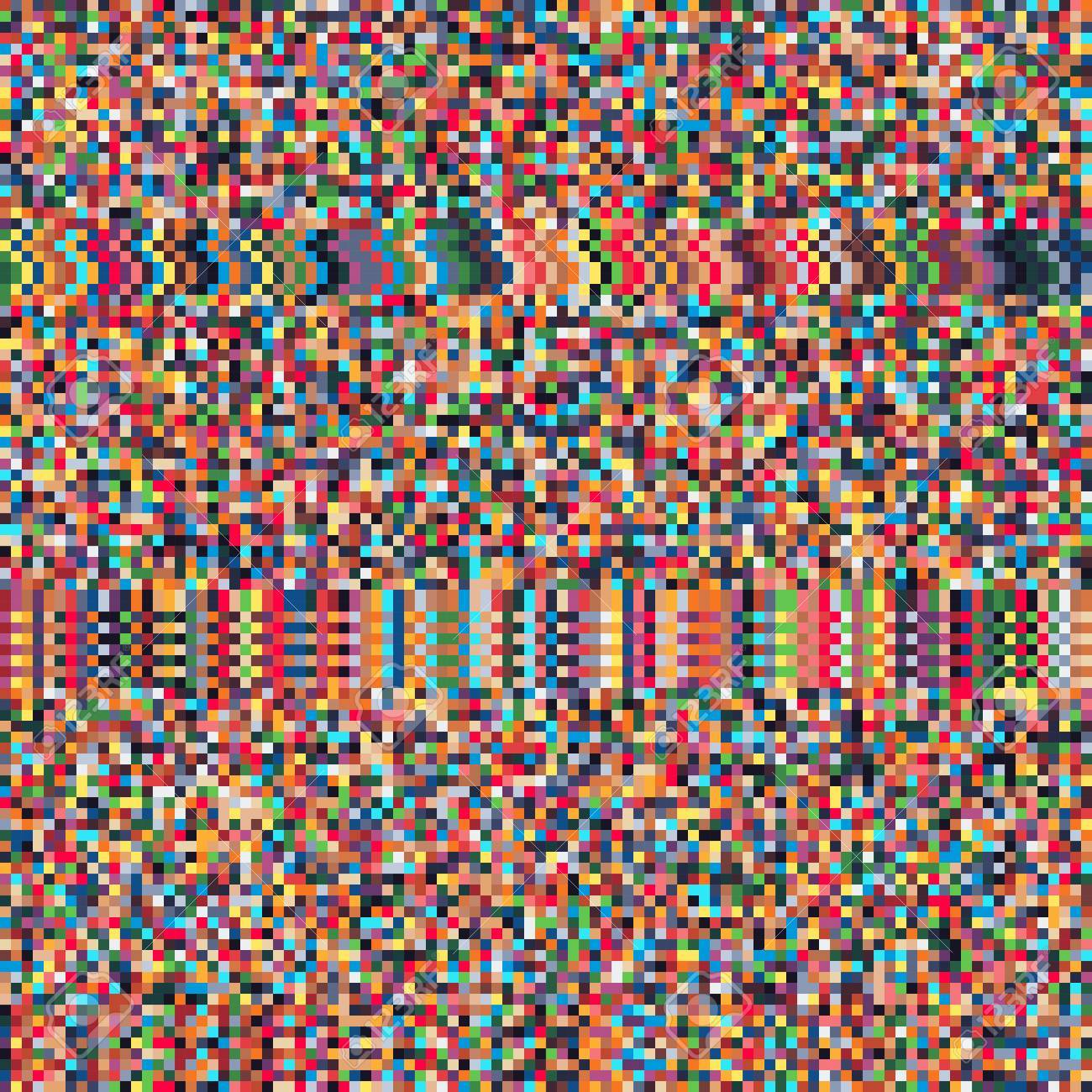 Square image of rainbow colored pixels of various sizes